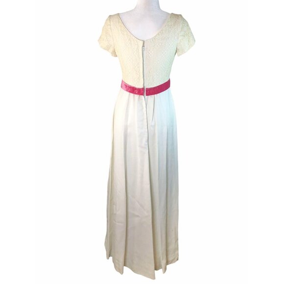 Vintage White Lace Maxi Dress Pink Velvet Waist Cap Sleeves Elegant Formal Wear - Picture 5 of 12